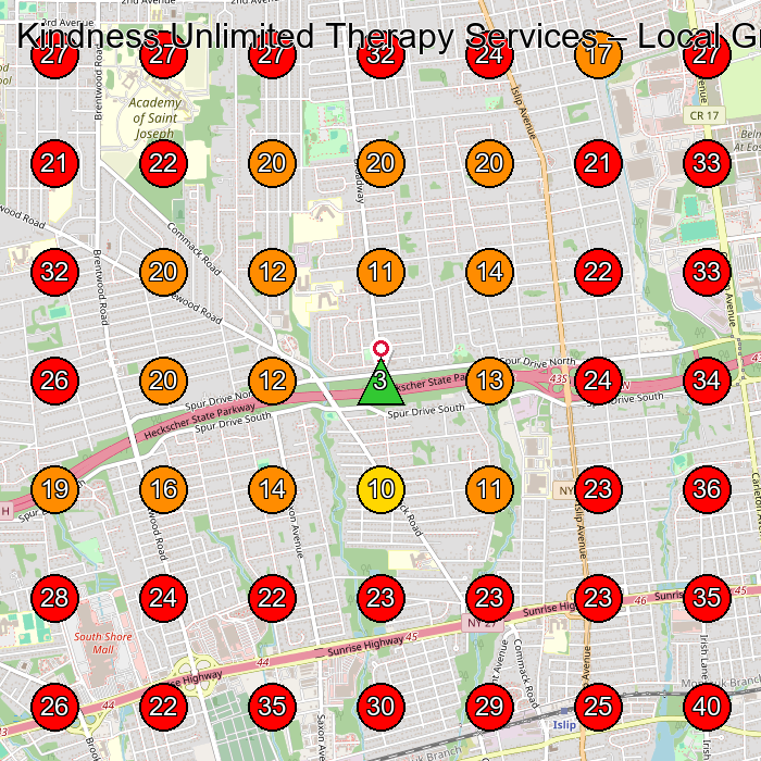 Kindness Unlimited Therapy Services GeoGrid visibility map for Physical Therapy Clinic in Central Islip